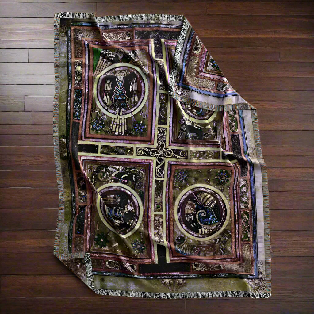 Decorative blanket with intricate patterns on a light gray background