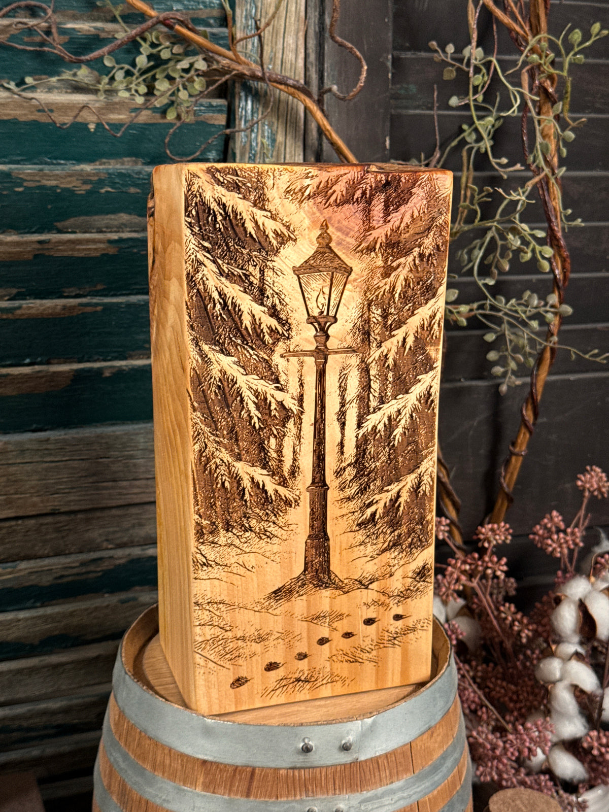 Winters End Bookend on Pine