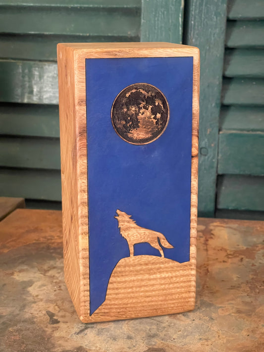 Howling Wolf - Leather Inlay - Bookend on Ash