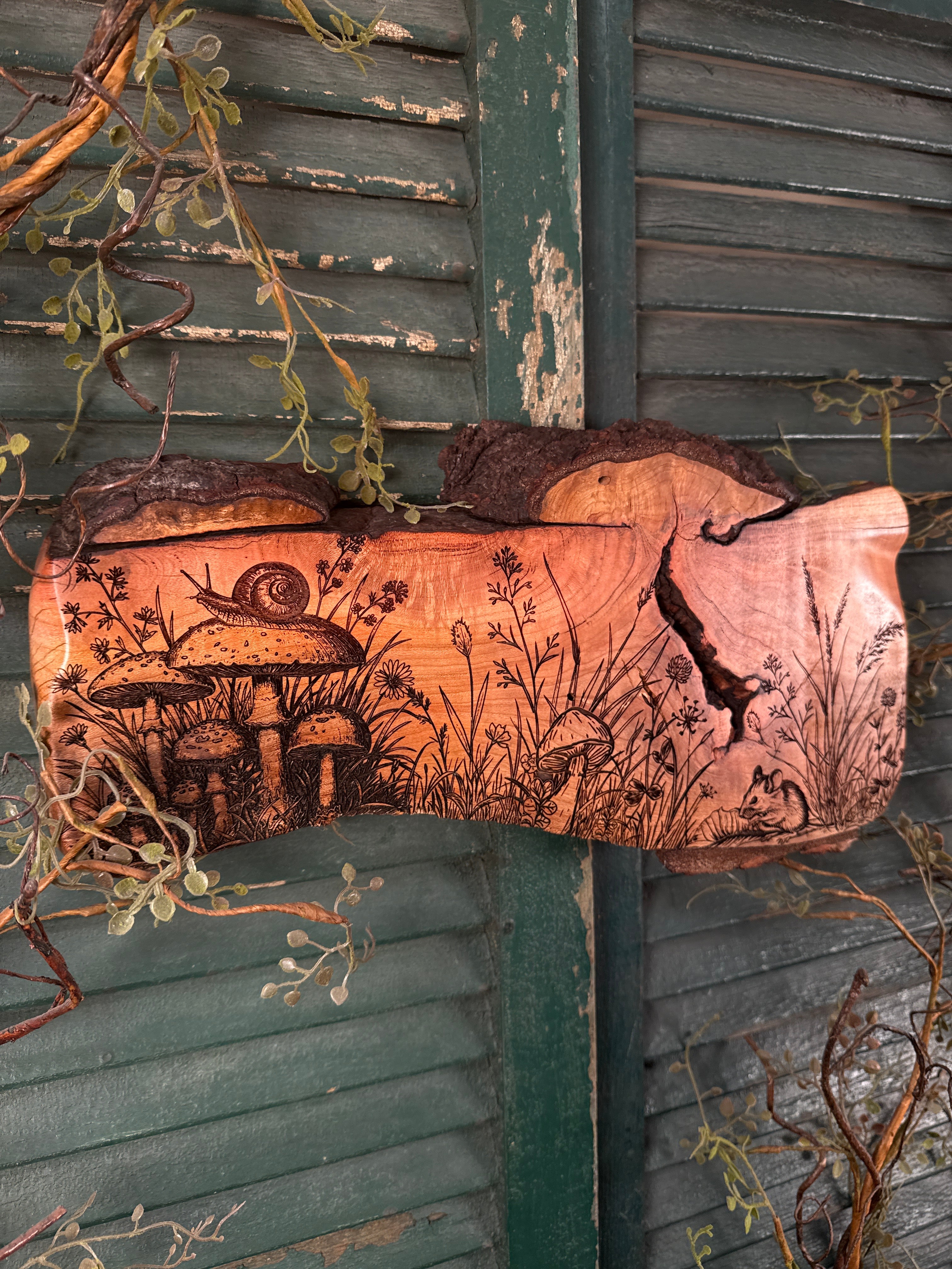 Mushroom Scene on Cherry Burl