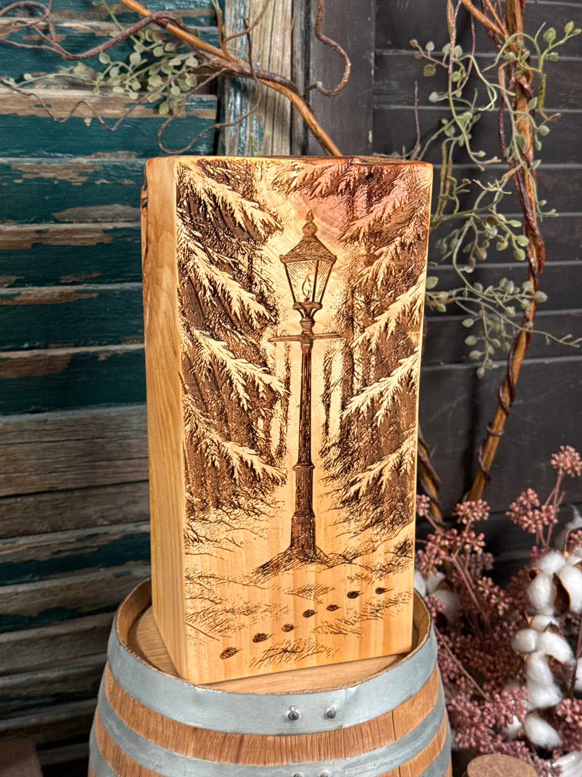 Winters End Bookend on Pine