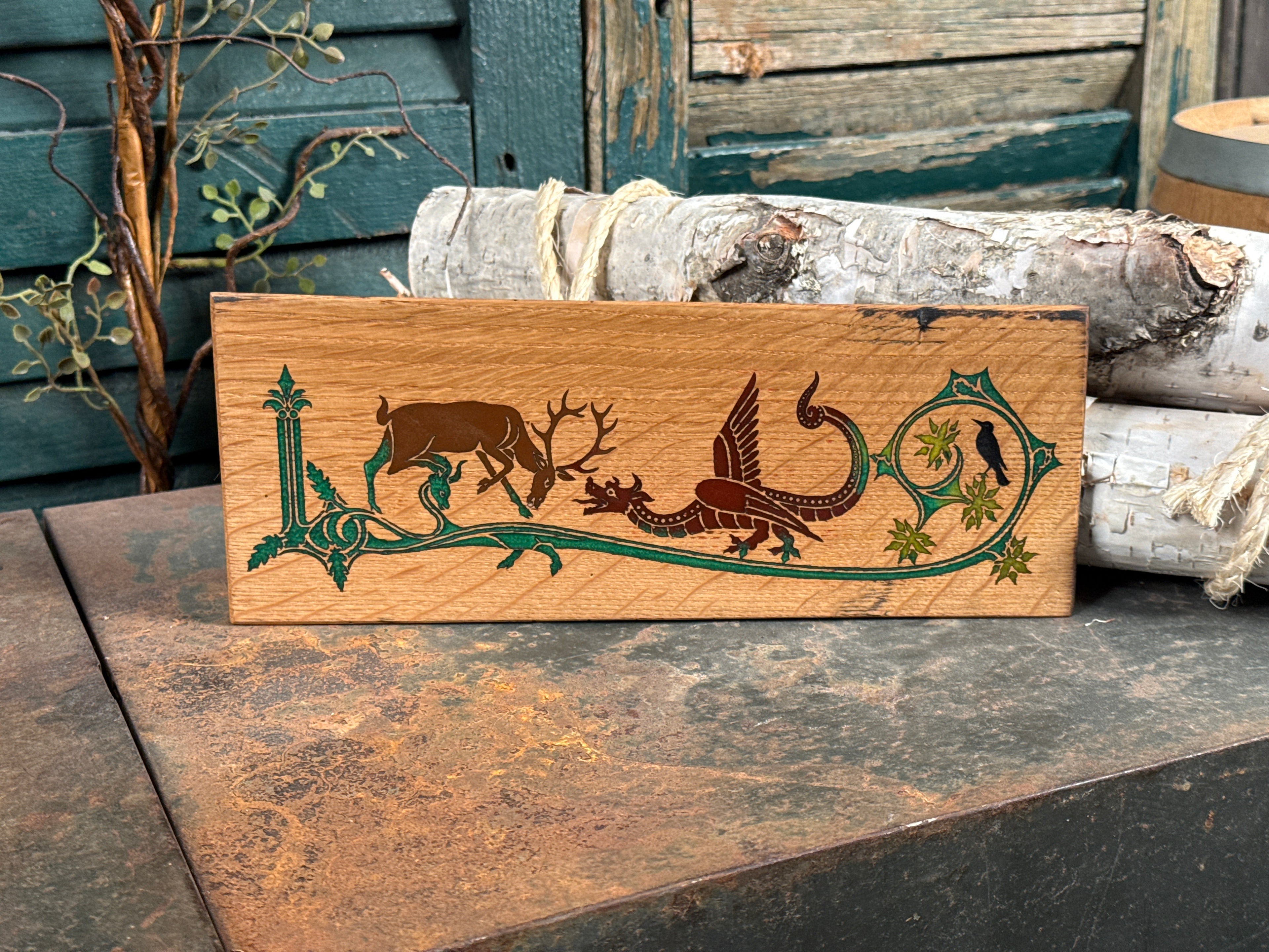 Illuminated Stag and Dragon on Bourbon Barrel Oak