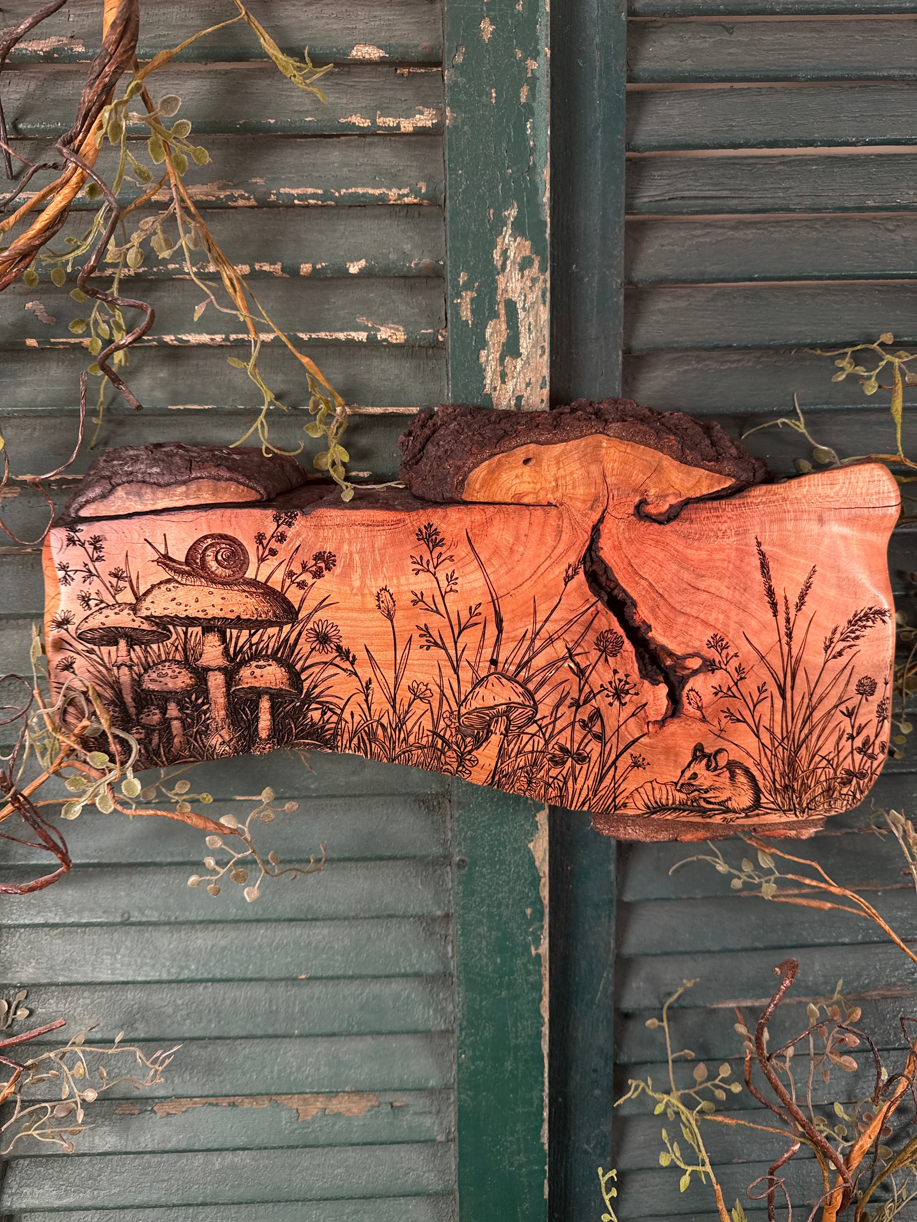 Mushroom Scene on Cherry Burl