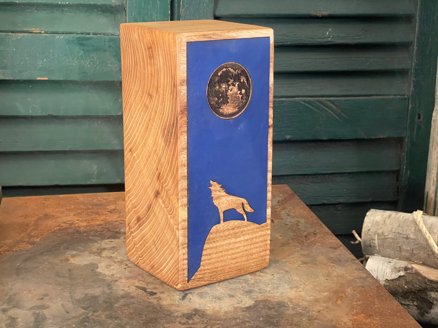 Howling Wolf - Leather Inlay - Bookend on Ash