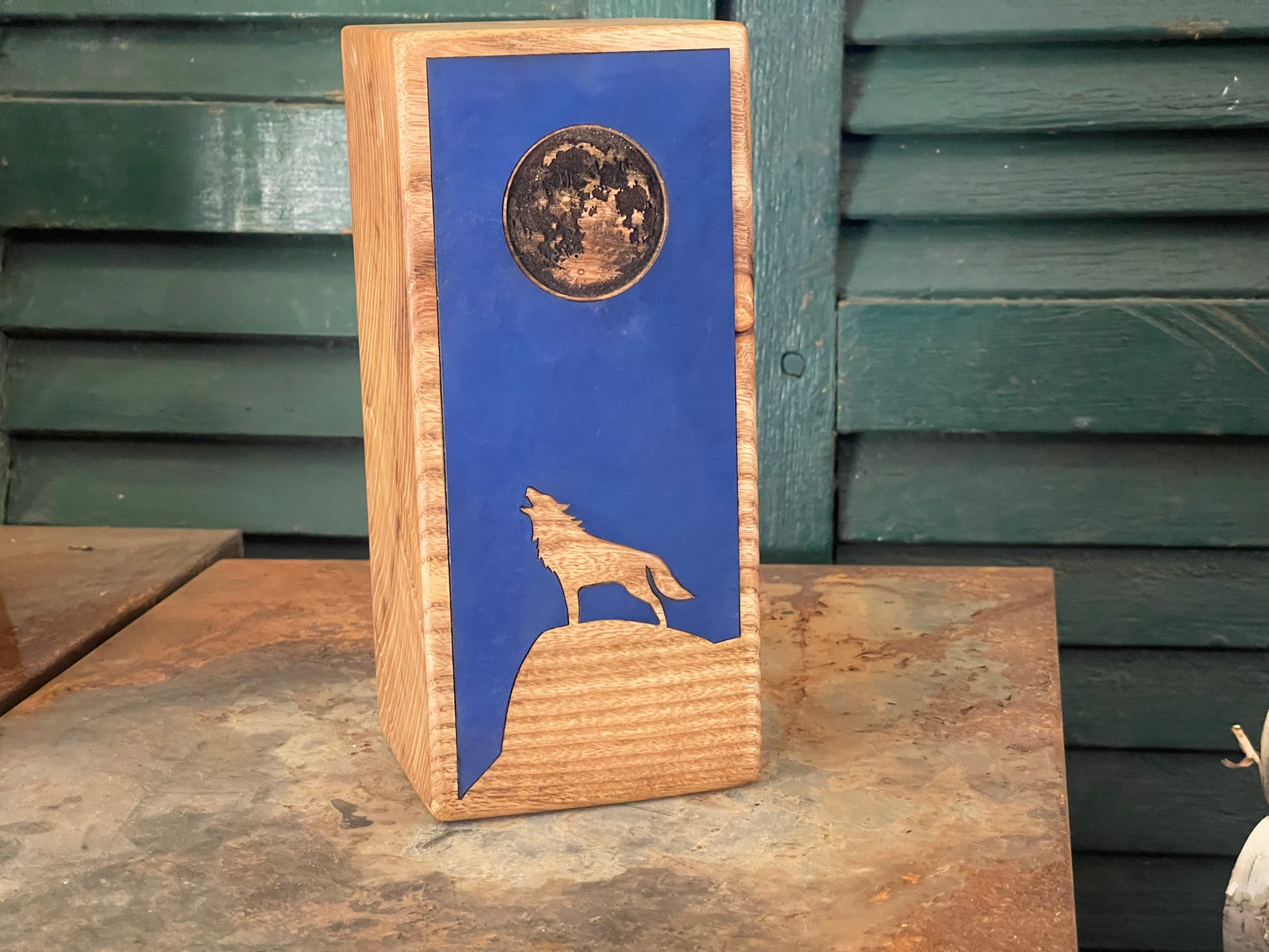 Howling Wolf - Leather Inlay - Bookend on Ash