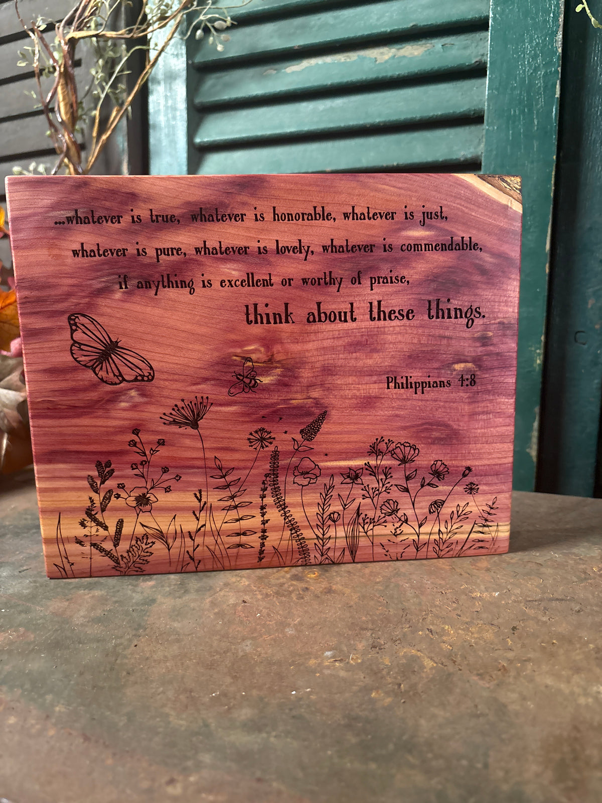 Think about these Things / Philippians 4:8-9 on Cedar