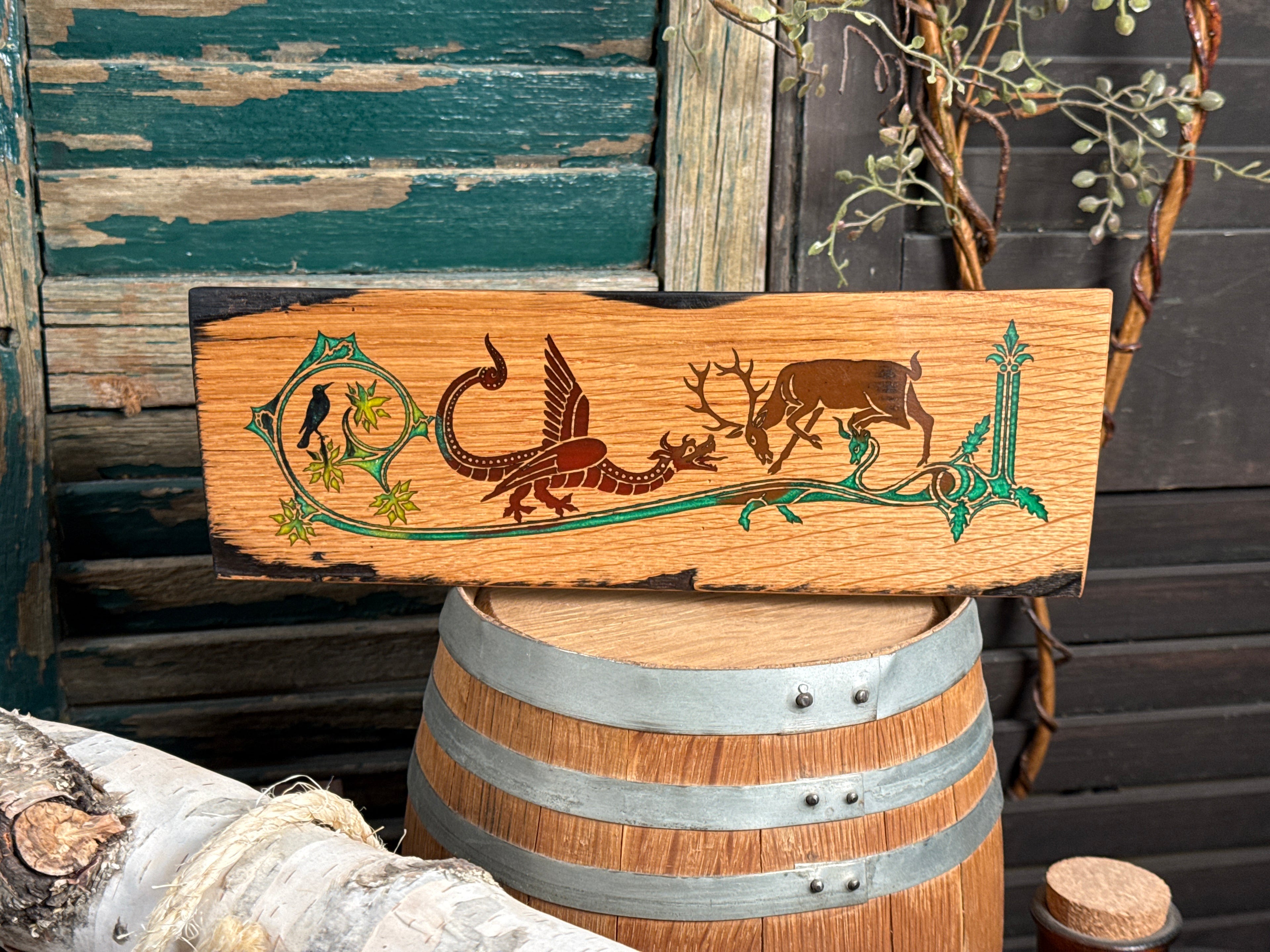 Illuminated Stag and Dragon on Bourbon Barrel Oak