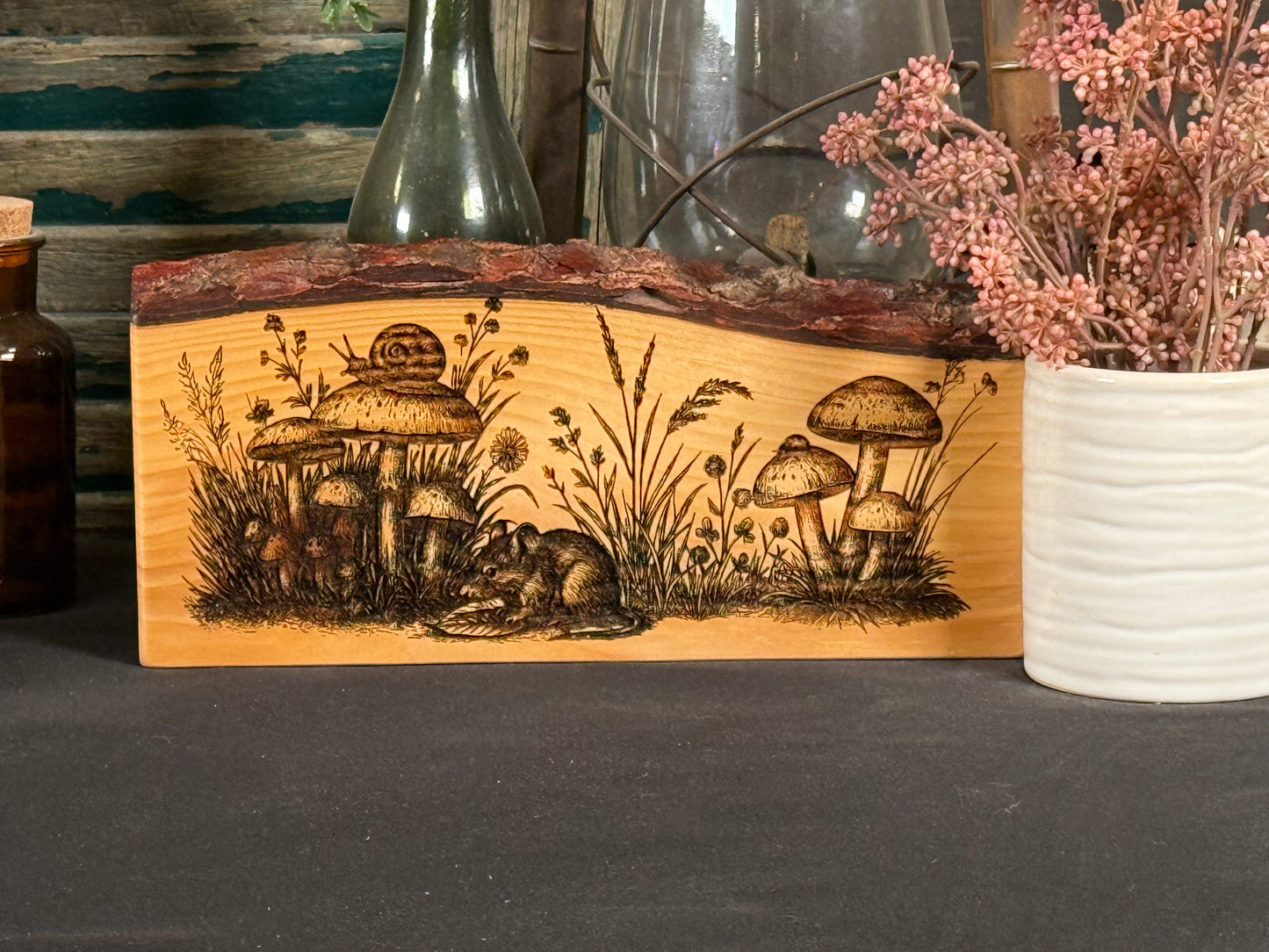 Field Mouse and Mushrooms on Pine