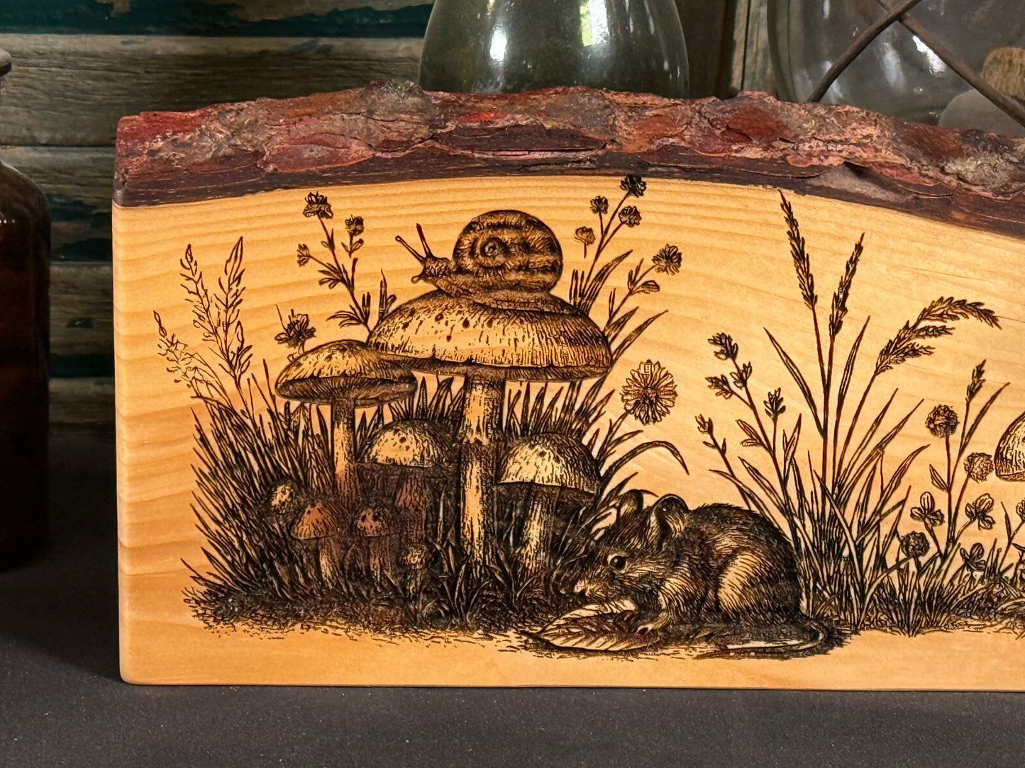 Field Mouse and Mushrooms on Pine